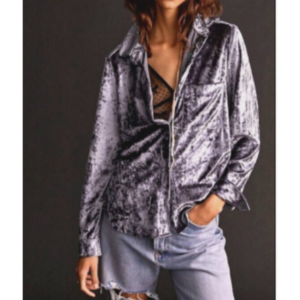 Anthropologie Amadi Women's XS Gray Velvet Button Down Long Sleeve Shirt
